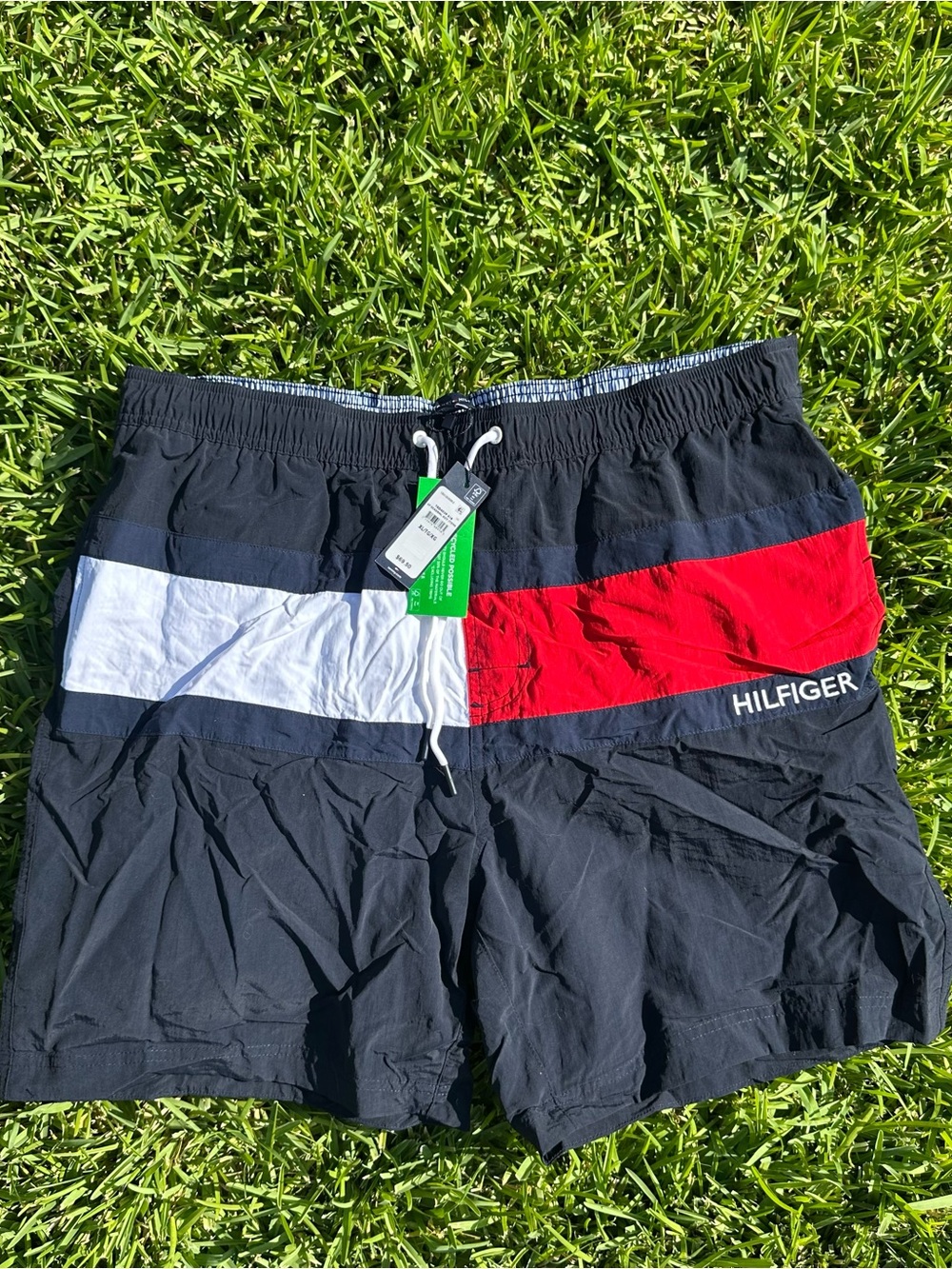 Tommy Hilfiger Men’s Navy Swim Shorts with Red & White Colorblock Size XL